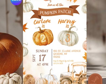 Pumpkin Patch Tractor Joint Birthday Invitation, Orange Pumpkins and Tractor Fall Birthday Invitation, Canva Halloween Joint Birthday C63