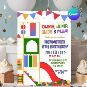 以下が含まれることがあります： 「CLIMB, JUMP, SLIDE & PLAY!」のテキストと、ケネスの6歳の誕生日の詳細が記載された、カラフルな誕生日パーティーの招待状。デザインには、滑り台、ボールプール、クライミング構造を備えた遊び場のグラフィックが含まれています。招待状はCanvaで編集可能です。