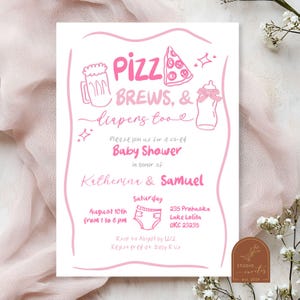 Pink Bow Pizza Brews and Diapers Too Co-Ed Baby Shower Invitation, Hand-Drawn Pizza Pacifier Baby Shower, Pizza and Beer Baby Shower C56
