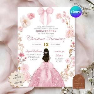 Bow Pink Coquette Floral Quinceanera Invitation, Blush Pink Dress Rose Mis Quince Años XV, Canva Editable Princess Sweet 16th Invite A18