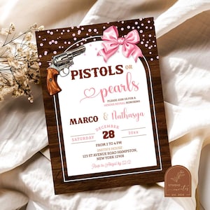 Pistols and Pearls Gender Reveal Invitation, Western Cowboy Cowgirl Gender Reveal, Pink Bow and Boots Gender Reveal, Gun Gender Reveal C13