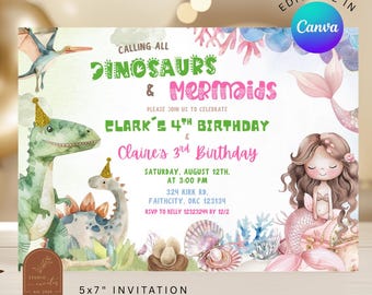 Dinosaur and Mermaid Joint Birthday Invitation, Boy and Girl Kids Siblings Double Invitation, Canva Editable Twins Birthday Invitation C132