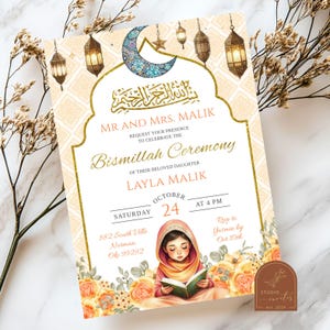 May include: A light peach invitation with gold accents and a crescent moon design. The invitation is for a Bismillah Ceremony for Layla Malik on Saturday, 24th October at 4 PM. The invitation includes the address and RSVP information.
