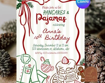 Pancakes and Pajamas Christmas Birthday Invitation, Sleepover Kids Birthday Invite, Winter Theme Birthday Editable Canva Template C249