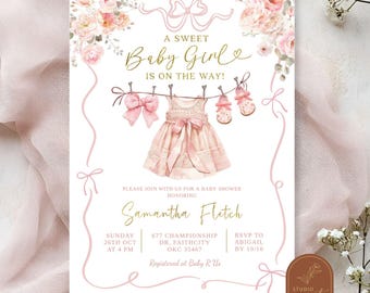 Rosa Baby-Kleidung süße Baby-Mädchen-Einladung, Blumenwäsche-Mädchen-Babyparty-einladen Boho Bogen-Kinderzimmer-Wäscheleine-Babyparty-G2C