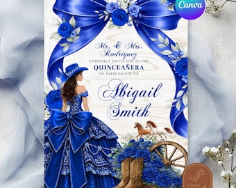 Invitation Western Charra Quinceanera bleu marine avec noeud, invitation princesse mexicaine Sweet 16e, coing rustique Mis Coing Anos C227 modifiable sur toile