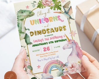 Unicorns and Dinosaurs Joint Sibling Birthday Party, Boy and Girl Kids Siblings Double Invitation, Twins Double Birthday Invitation C58