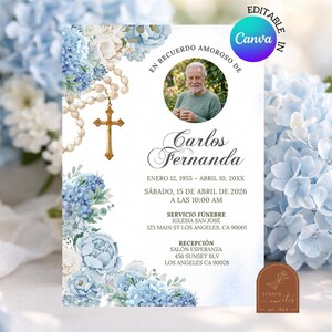 May include: A memorial card with a photo of a man, floral accents, and text. The design features blue and white flowers, a gold cross, and the text "Carlos Fernanda" with dates and service information. The Canva logo is visible.