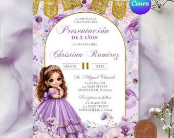 Purple Floral Mexican Charra Girl Presentacion de 3 anos Invitacion, Royal Crown Birthday Invite, Canva Editable Spanish Kids Birthday C225