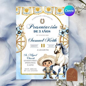 Peut inclure: Une invitation bleu et or pour le troisième anniversaire d'un enfant, avec un garçon de dessin animé en sombrero, un cheval blanc et des éléments décoratifs. Le texte indique "Presentación de 3 Años" et comprend les détails de l'événement.