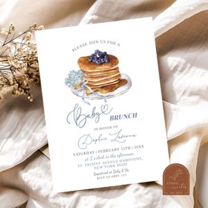 Blueberry Pancake Baby Brunch Invitation, Blue Bow Baby Shower Invitation, Strawberry Pancake Baby Brunch, Blue Hydrangea Baby Shower C98