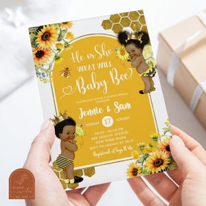 May include: A gender reveal invitation with a yellow and gold background. The invitation features a bee theme with a bee and honeycomb design. The text on the invitation reads "He or She What Will Baby Bee?" and includes the names "Jennie & Sam".