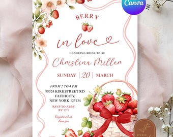 Red Bow Coquette Strawberry Bridal Shower Invitation, Berry in Love Bridal Shower Invite, Preppy Red Bride to be summer Wedding Shower C8
