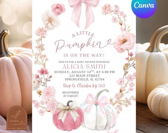 White and Pink Bow Coquette Baby Shower, Little Pumpkin on the way Baby Shower, Canva Editable Pink Floral Pumpkin Baby Shower Invite A18