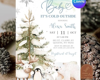 May include: A baby shower invitation card featuring a watercolor illustration of a snow-covered pine tree, a reindeer, a penguin, a fox, and a polar bear. The text reads Baby IT'S COLD OUTSIDE, Alexa Smith, SAT 11 OCT, 5:00 PM, 883 ST. CLAIRE AV.