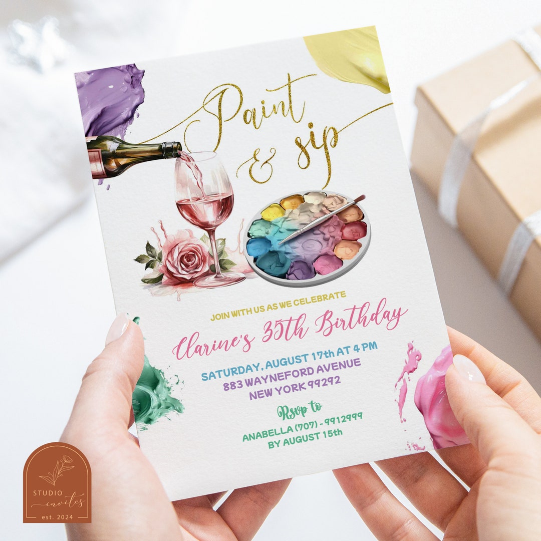 Paint and Sip Birthday Party Invitation, Colorful Watercolor Rainbow Birthday Theme, Wine and
