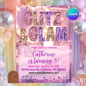 Invitación de cumpleaños para fiesta de maquillaje rosa y morado con brillo y glamour, invitación de cumpleaños para niña con lentejuelas brillantes, cumpleaños infantil editable en Canva C179
