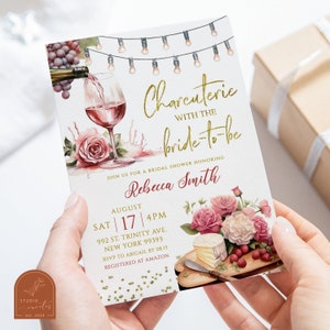 Charcuterie with the bride to be bridal shower invitation, wine and cheese bridal shower party, elegant winery floral shower invite C53