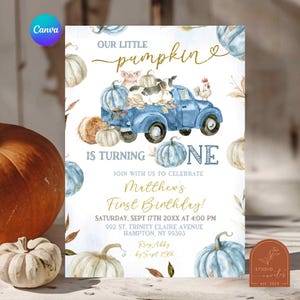 May include: A birthday invitation with a blue truck carrying pumpkins and farm animals. The text says "Our Little Pumpkin is Turning One" and includes event details. The design features watercolour pumpkins and autumn leaves.
