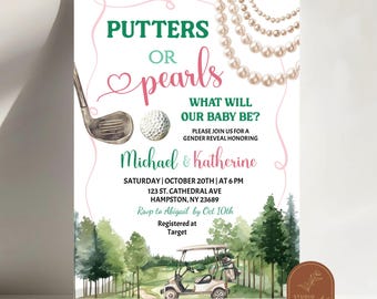 Putters or Pearls Gender Reveal Invite, Let's Partee Golf Gender Reveal Invite, Sport Golf Cart Gender Reveal Invite, He or She Shower C111
