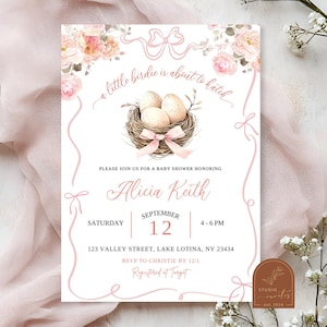 Pink Birdie Baby Shower Invitation, A Little Birdie Is About To Hatch Baby Shower, Canva Editable Pink Bow Floral Baby Shower Invite C162