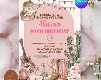 Western pink floral cowgirl birthday party invitation, Mexican Cactus birthday cowgirl invitation, Boots southwestern birthday invite C14