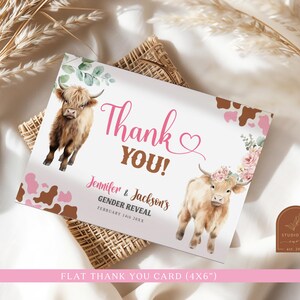 Carte de remerciement révélation sexe taureau génisse, carte postale vache sacrée, nouveaux bébés vache cartes, carte de correspondance ferme sexe révélation, carte floral noeud rose C47