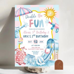 May include: A watercolor invitation with a summer theme. The invitation features the text "Double the FUN" and includes illustrations of a sun, water guns, a swimsuit, and a water slide. The invitation is for a birthday party.