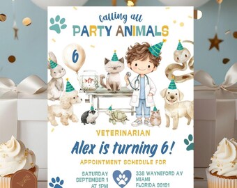 Boy Veterinary Birthday Party, Calling All Party Animals Shelter Birthday Invitation, Dog & Cat Vet Birthday Party, Kids Doctor Invite C77
