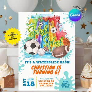 May include: A colorful invitation for a water slide party with the text "Splish Splash" and "It's a waterslide bash! Christian is turning 6!" The invitation has a blue, green, and orange water slide with a basketball, football, soccer ball, and baseball on it. The date is June 18th at 1:00 PM. The address is 332 Kirk Rd, Faithcity, OKC 12313. RSVP to Kelly at 12323244 by 12/2.
