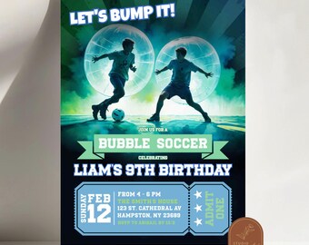 Neon Bubble Soccer Birthday Invitation, Knockerball Birthday Bash Party, Football Bubble Birthday Boy Invite, Kick Soccer Ball Birthday AC34