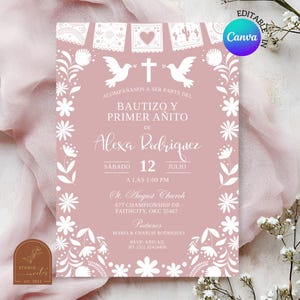 Blush Pink Cielito Lindo Bautizo y Primer Anito Invitation, Charro Girl 1st Birthday Invite, Canva Spanish Kids Birthday and Baptism C188