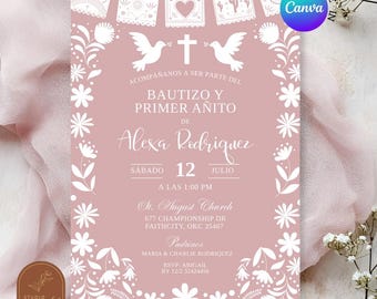 Blush Pink Cielito Lindo Bautizo y Primer Anito Invitation, Charro Girl 1st Birthday Invite, Canva Spanish Kids Birthday and Baptism C188