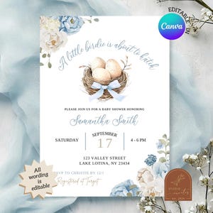 Blue Birdie Boy Baby Shower Invitation, A Little Birdie Is About To Hatch Baby Shower, Canva Editable Blue Bow Floral Baby Shower Invite ZL5