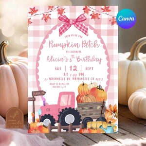 May include: A birthday invitation card featuring a pink and white gingham background with a pink bow at the top. The text reads: Join us at the Pumpkin Patch to celebrate Alicia's 6th Birthday, Sat 12 Sept at 1:00 PM, 23 Nashville Ln, Hamsville CA 90212.