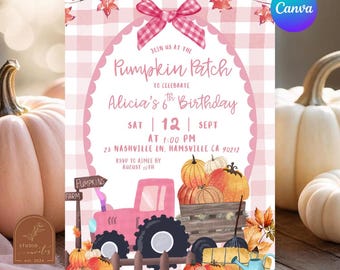 Może przedstawiać: Zaproszenie urodzinowe z różowo-białym tłem w kratkę vichy i różową kokardą na górze. Tekst brzmi: Join us at the Pumpkin Patch to celebrate Alicia's 6th Birthday, Sat 12 Sept at 1:00 PM, 23 Nashville Ln, Hamsville CA 90212.