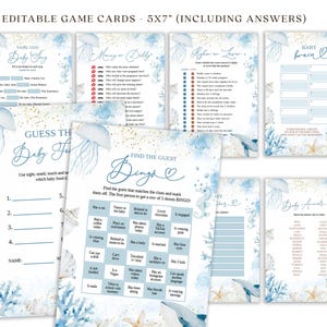 May include: A collection of 15 editable baby shower game cards, each measuring 5x7 inches. The cards feature a blue and white aquatic theme with jellyfish and seashell illustrations. Games include "Name That Baby Song" and "Bingo".