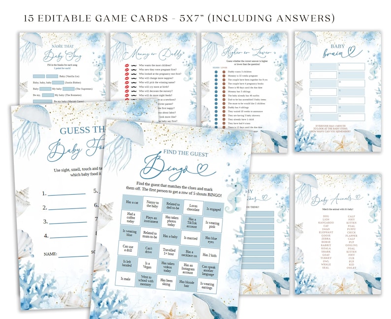 May include: A collection of 15 editable baby shower game cards, each measuring 5x7 inches. The cards feature a blue and white aquatic theme with jellyfish and seashell illustrations. Games include "Name That Baby Song" and "Bingo".