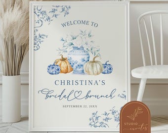 Pumpkin Ginger Jar Chinoiserie Welcome Sign, Fall Bridal Brunch Welcome Poster, Welcome To Fall Chinoiserie Bridal Brunch, Matching Item C62