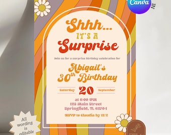 Könnte beinhalten: Eine Einladung im Retro-Stil mit einer Gänseblümchen-Illustration und einem Farbschema aus Orange, Gelb und Lila. Die Einladung lautet "Shhh... It's a Surprise" und kündigt Abigails 30. Geburtstag am 20. September an.