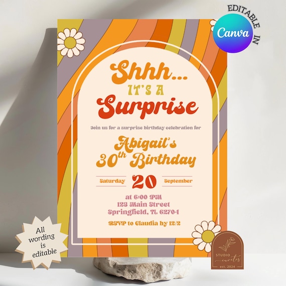 Retro groovy surprise birthday invitation, summer sunflower daisy any age birthday celebration, 70's hippies adult surprise party invite C25