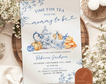 Fall Pumpkin Chinoiserie Baby Shower Tea Party Invitation, Time For Tea With Mom Chinoiserie Baby Shower, Dusty Blue Toile Baby Shower C62