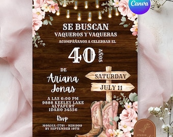 Rustic spanish se buscan adult woman birthday invitation, woods background cowgirl birthday, blush pink floral western birthday invite C13