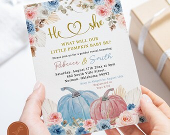 Gender reveal boho pink blue pumpkin invitation, pampas grass autumn gender reveal, elegant fall floral bohemian new baby reveal invite C54