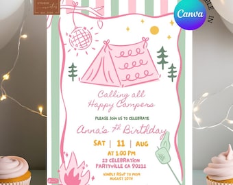 Sage Pink Happy Campers Geburtstagseinladung, Glamping Girl Geburtstag einladen, Canva Bearbeitbares Abenteuer Lagerfeuer Kindergeburtstag C250