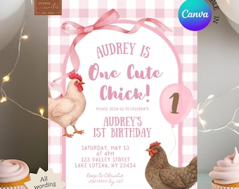 Pink Preppy Plaid One Cute Chick Birthday Invitation, Farm Barnyard Chicken Kids Birthday Invite, Canva Editable Girl Birthday Invite C160