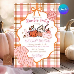 May include: A rectangular invitation card with a pink and brown plaid background featuring a central white scalloped frame. Illustrations include a pumpkin mug, a drink with a straw, a sleep mask, and pajamas. Text reads Slumber Party, Alice's 8th Birthday, and event details.