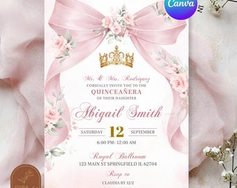 Blush Pink Bow Coquette Floral Quinceanera Invitation, Gold Crown Sweet 16th Invite, Canva Editable Elegant Mis Quince XV Años C227