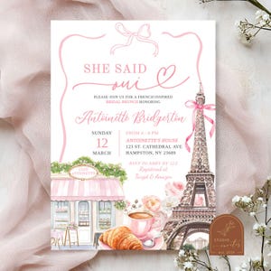 Faire-part de douche nuptiale de Paris, douche nuptiale elle a dit Oui, douche nuptiale de café parisien et pâtisserie, invitation rose de tour Eiffel de coquette C94