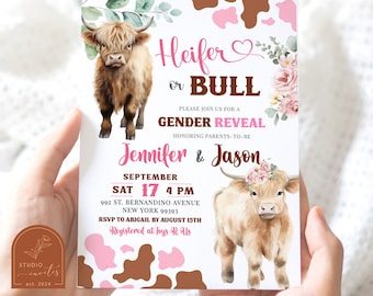 May include: A gender reveal invitation card featuring two Highland cows, pink and brown cow print patterns, and floral accents. The text reads Heifer or Bull, Gender Reveal, Jennifer and Jason, September 17, 4 PM, and location details.